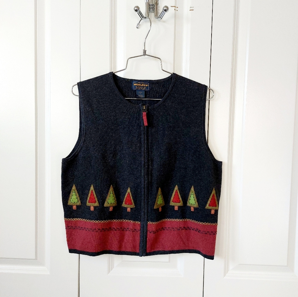 Christmas Tree Zip Front Sweater Vest Medium Woolrich 100% Cotton Vintage 90s‎